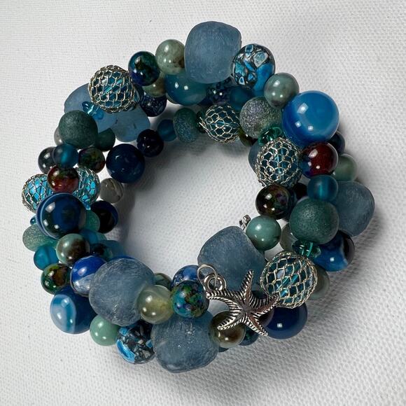 Hand Beaded Coil Statement Bracelet Beachy Turquoise Beads and Mixed Metals - Picture 3 of 10